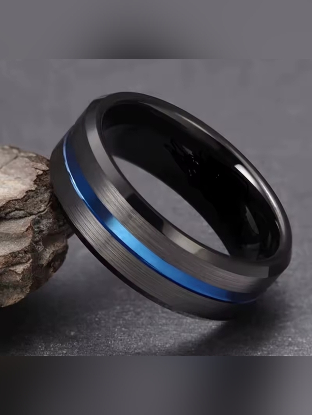 New Tungsten 8mm Blue Beveled Edge Groove Ring Band